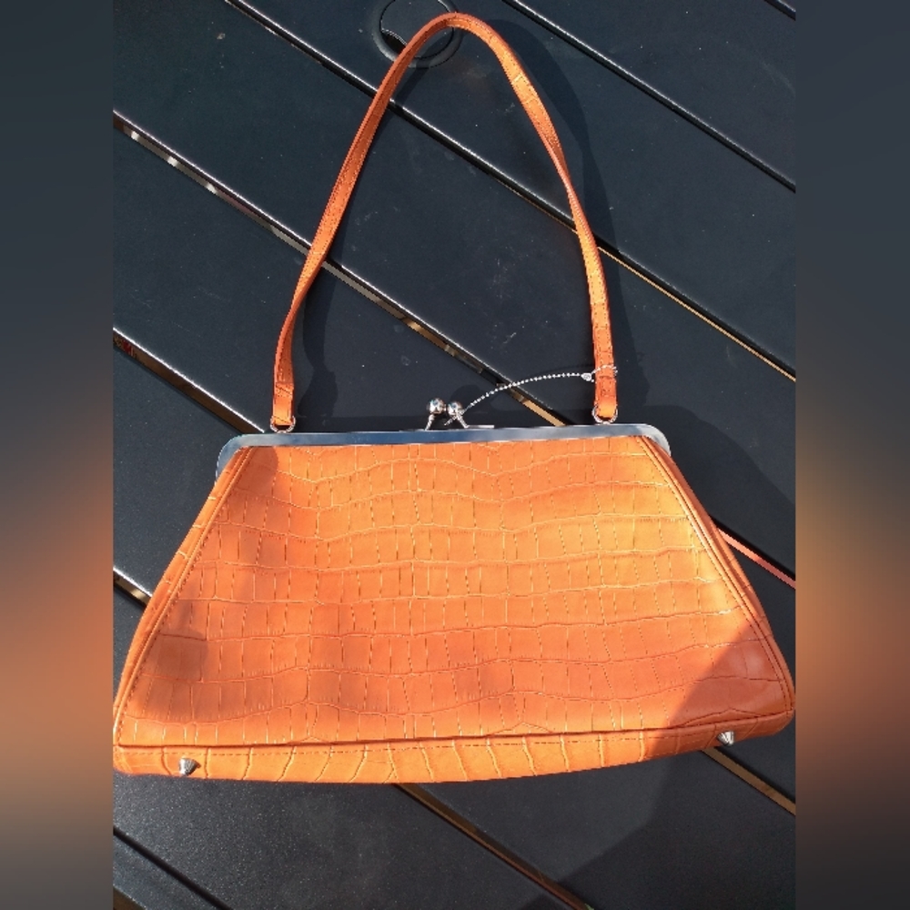 Bianca Nygard Brown-Orange Handbag, Faux Snakeskin Pattern, Kiss Lock Cl… - Picture 2 of 10